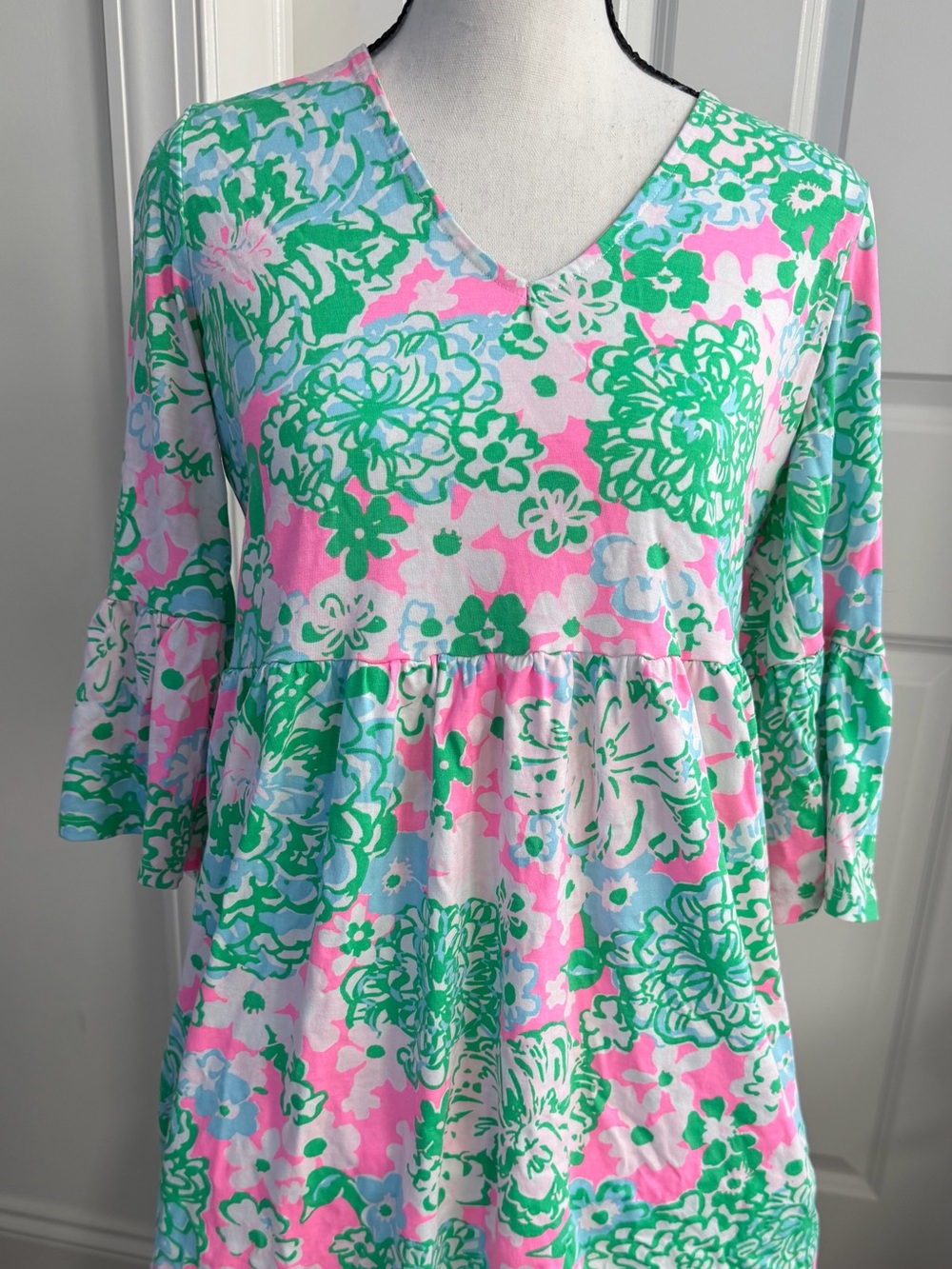 Lilly Pulitzer Pink, Green & Light Blue Floral V-Neck Ruffle-Sleeve Dress